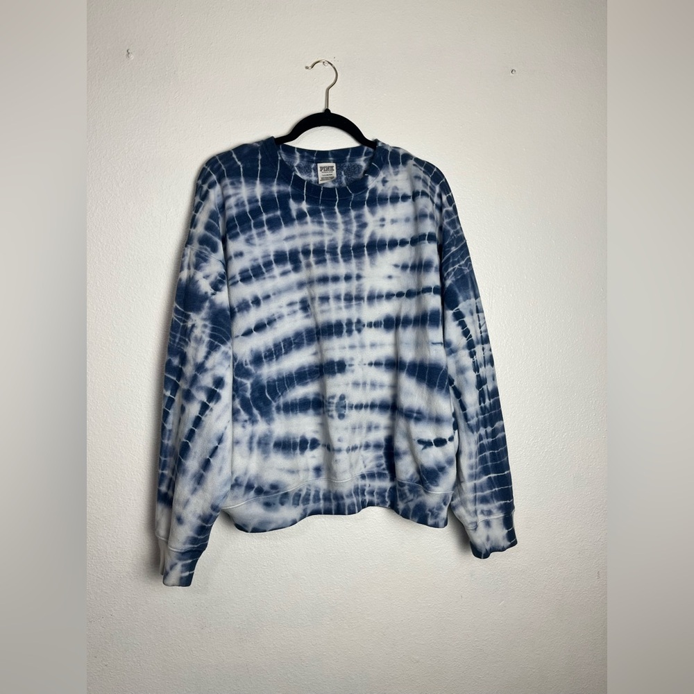 PINK Victoria's Secret Blue and White Tie-Dye Crewneck Sweater